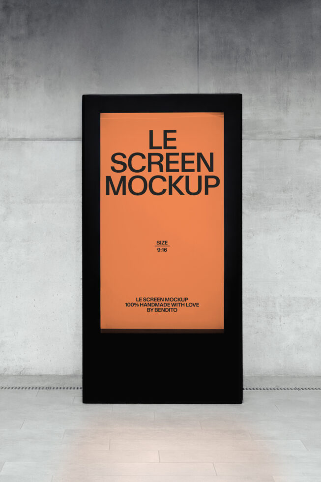 Black stand-alone display with orange screen mockup on concrete backdrop