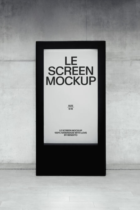 Black stand-alone display with white screen mockup on concrete backdrop