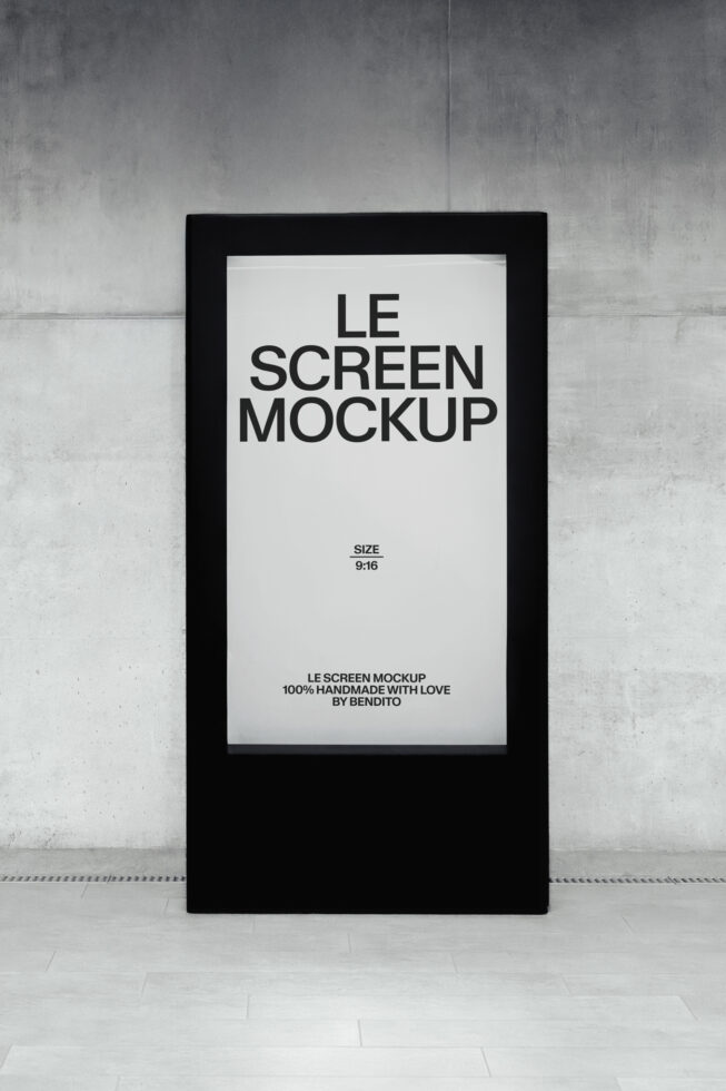 Black stand-alone display with white screen mockup on concrete backdrop
