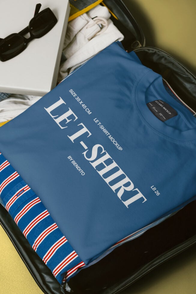 Blue t-shirt mockup inside luggage with striped socks, sunglasses nearby