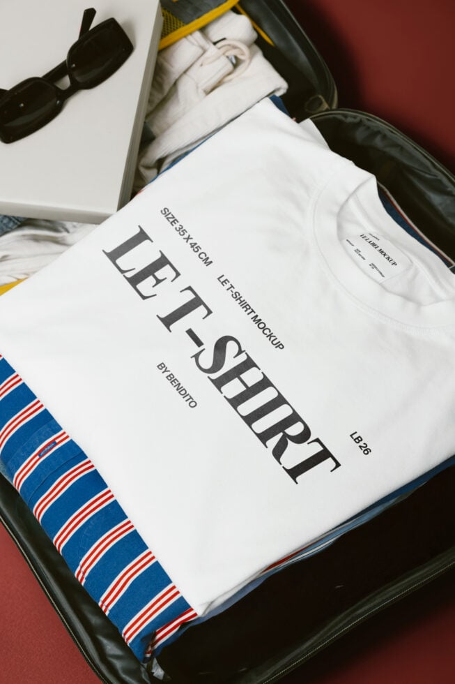 White t-shirt mockup inside luggage with striped socks, sunglasses nearby
