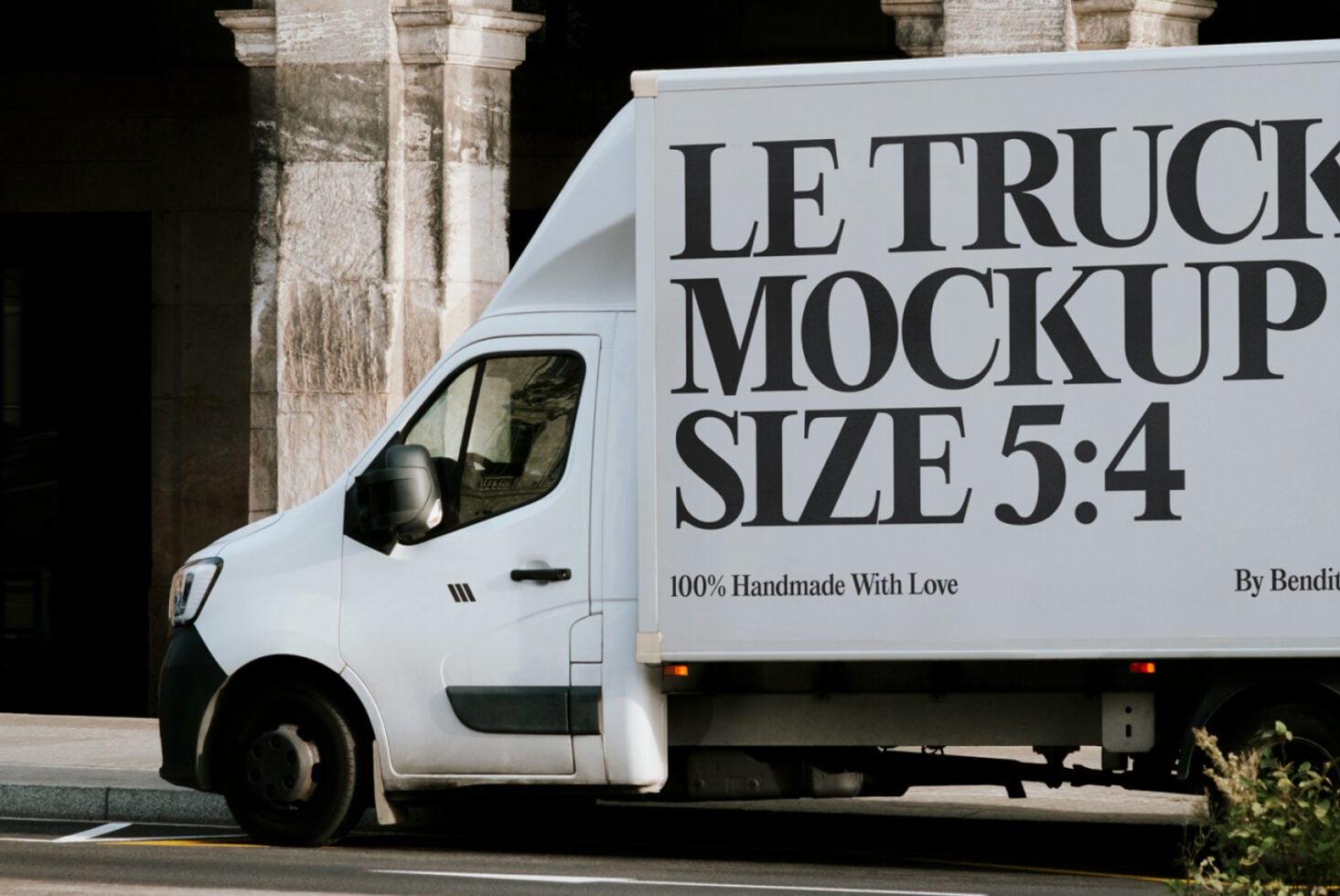 Delivery truck side profile with minimalist black text on light cargo panel