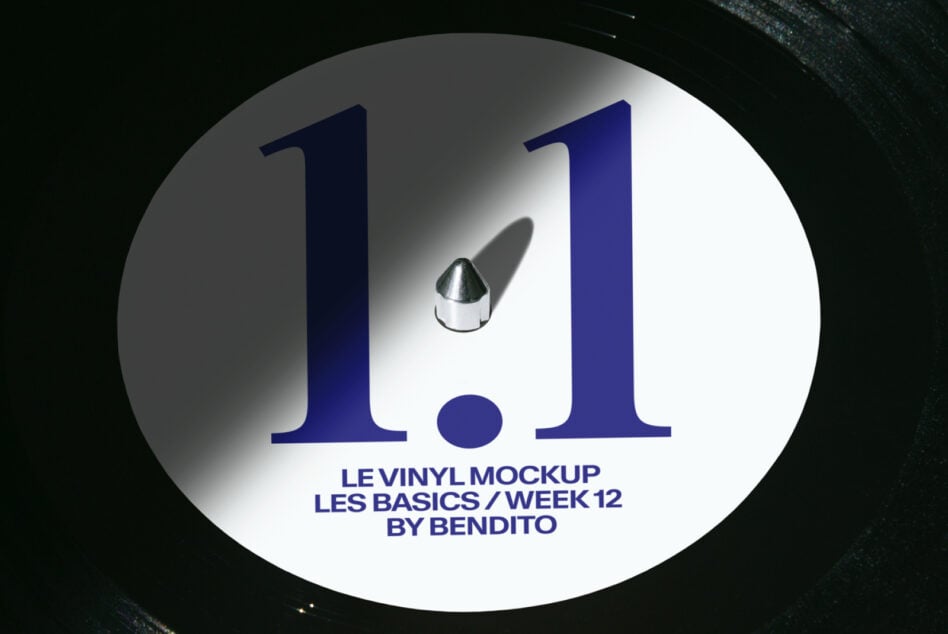 Vinyl record mockup with navy blue numbers on white label with needle detail