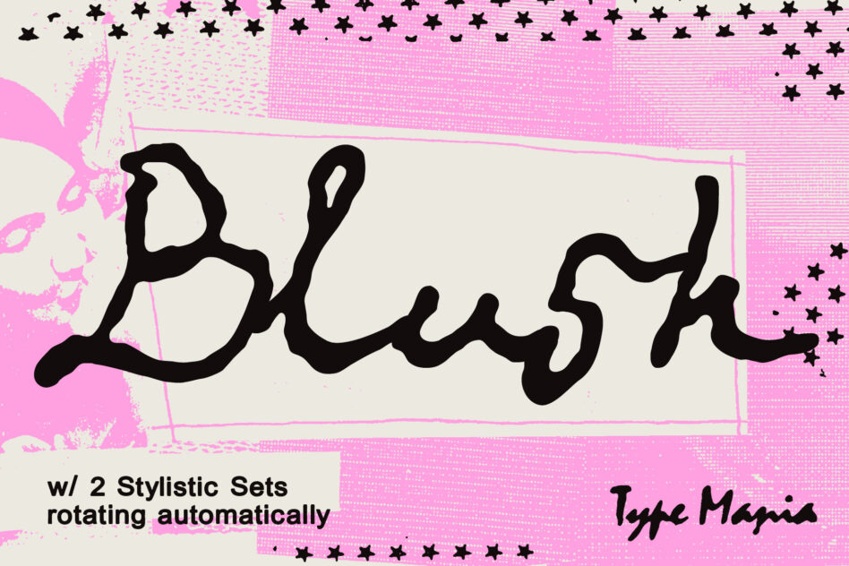 Blurry handwritten font sample with pink neon textures, stars, showing 2 stylistic sets