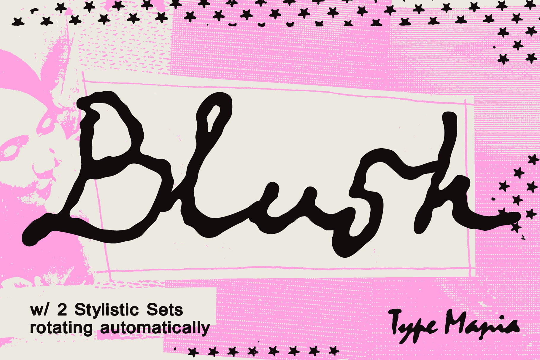 Blurry handwritten font sample with pink neon textures, stars, showing 2 stylistic sets