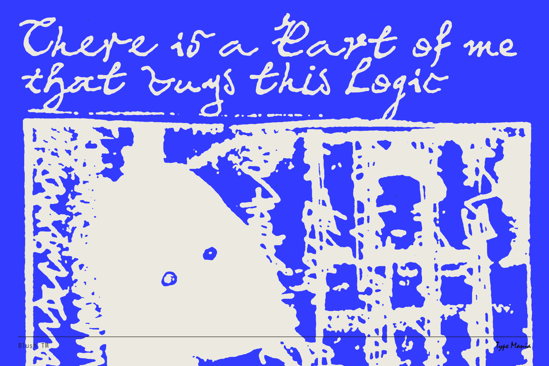 Bright blue background with cream handwritten text over distressed abstract shapes in contrasting colors