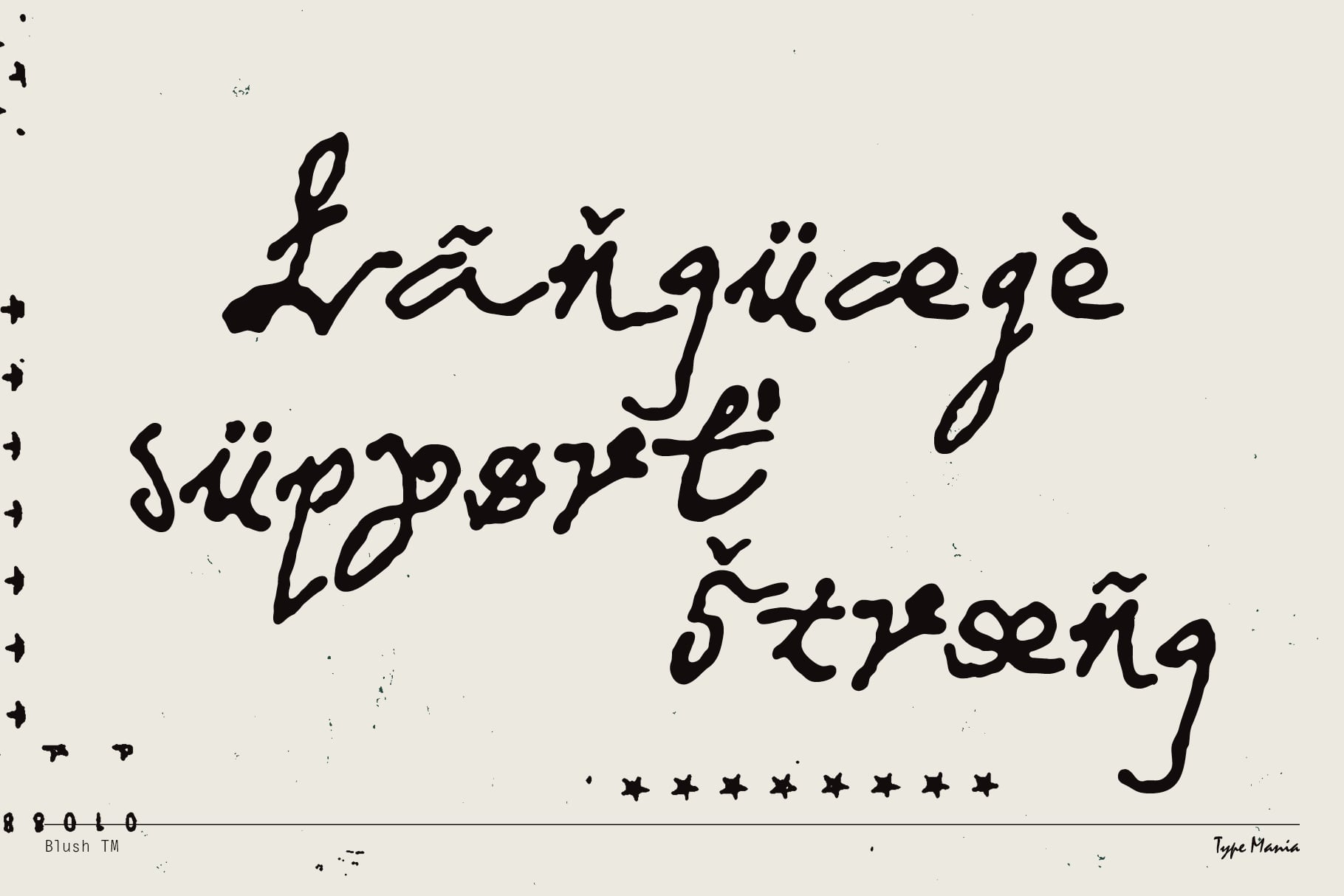 Handwritten script font with messy brush strokes on cream paper, scattered stars below