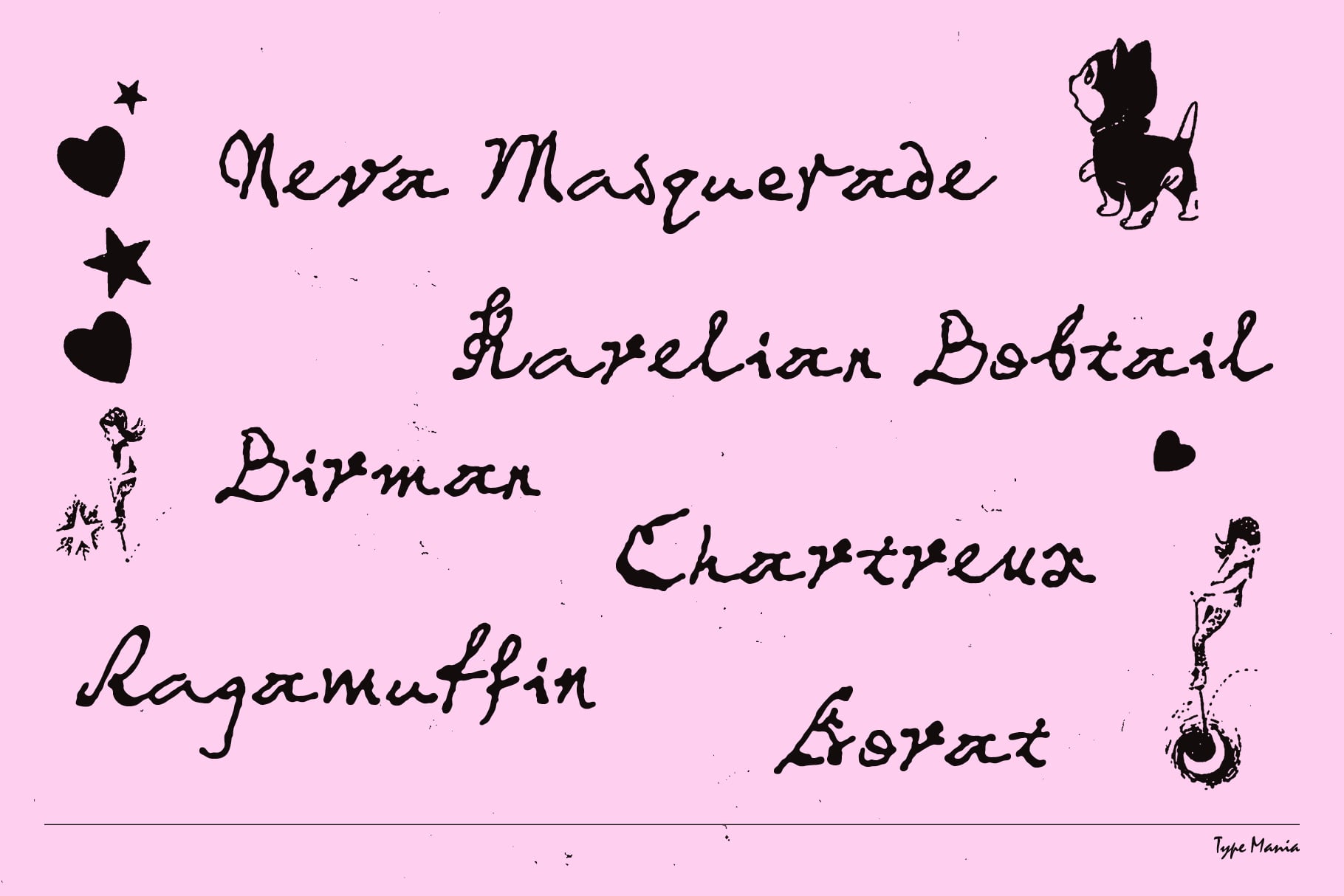 Pink background with various whimsical creature doodles scattered among handwritten words