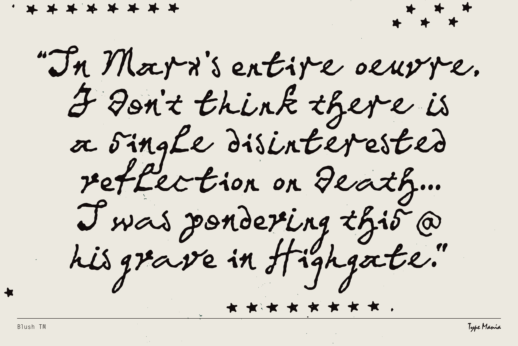 Handwritten quote about Marx with small stars scattered around on cream background