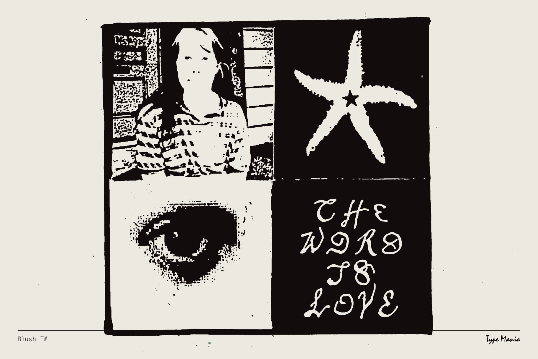 High-contrast black white collage with vintage photo, starfish, heart shape, cursive text saying "the world is love"