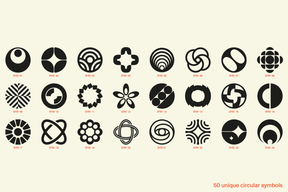 Collection of 50 unique circular logo marks in black on cream background