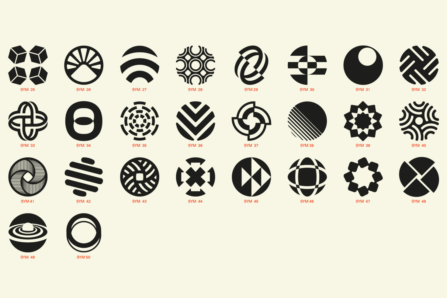 Grid of 50 black circular symbol designs with geometric patterns