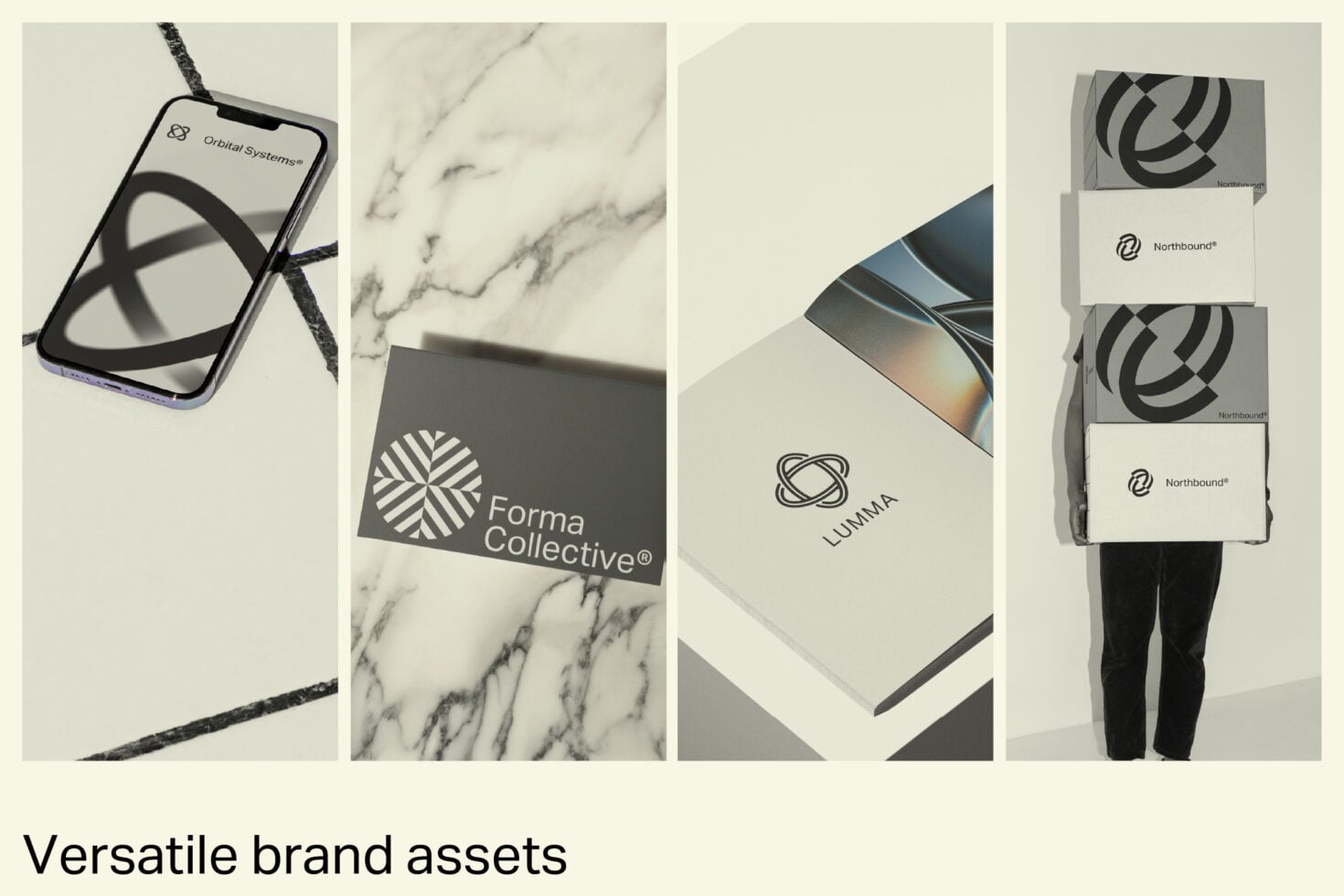 Brand mockups on phone, marble, metallic surface, stacked boxes at night