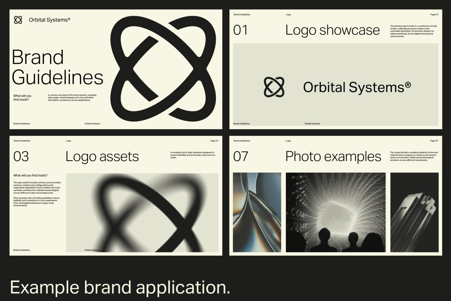 Brand guidelines pages showing Orbital Systems logo with interlocking curves, logo showcase, assets, photography examples