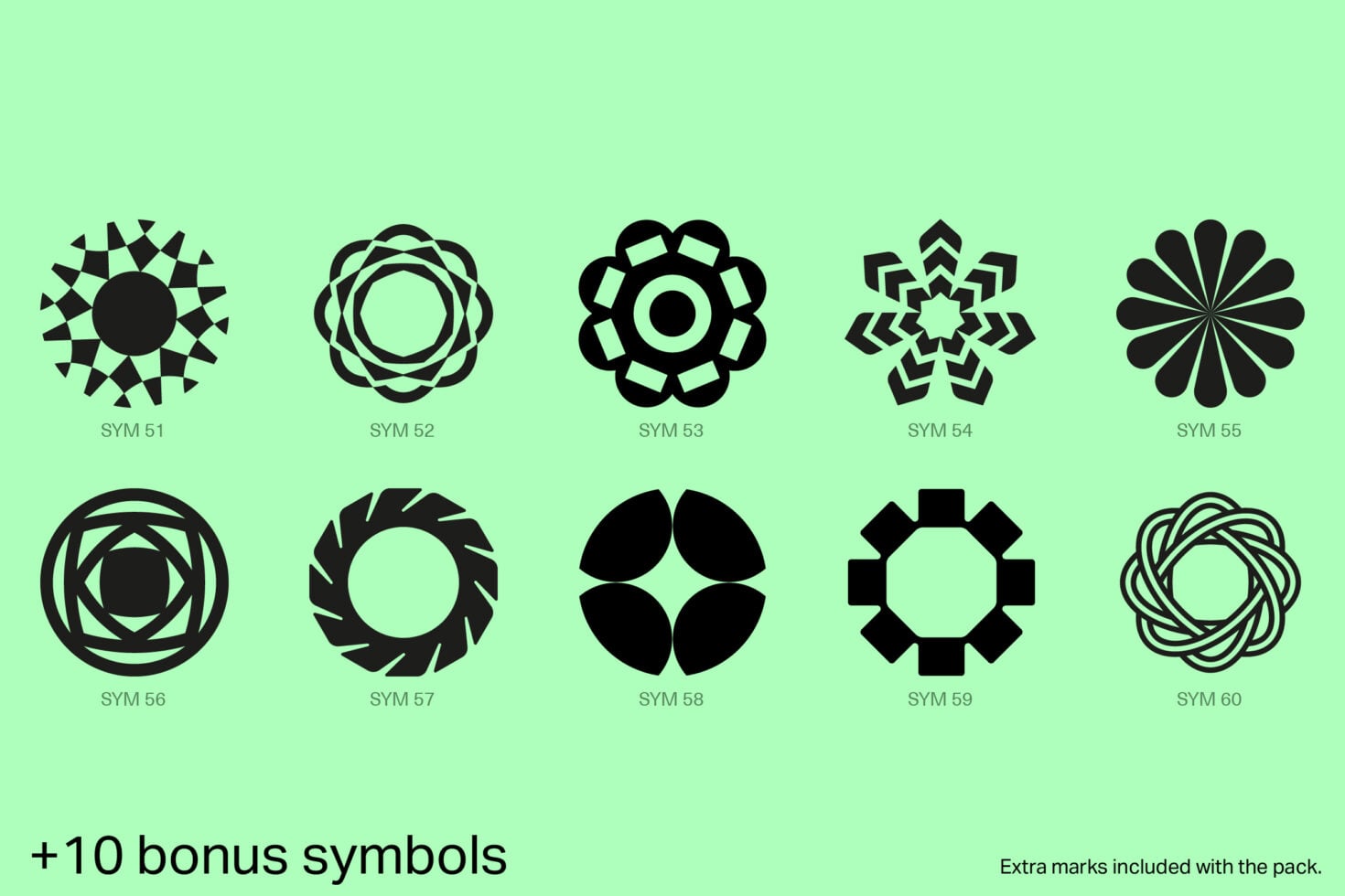 10 bonus black circular ornamental marks on mint green including mandalas, flowers, spirals