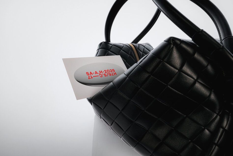 Quilted black bag with oval tag showing red stamped text overlay