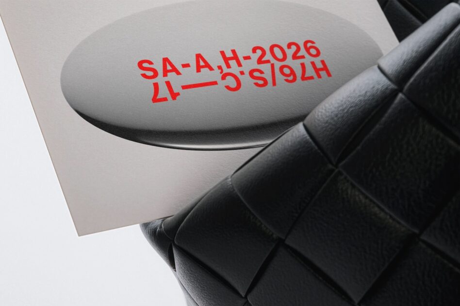 Black quilted bag with gray oval tag showing red text stamp