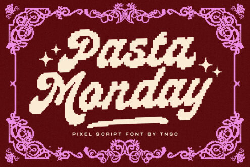 Retro pixel font with ornate purple borders on burgundy background