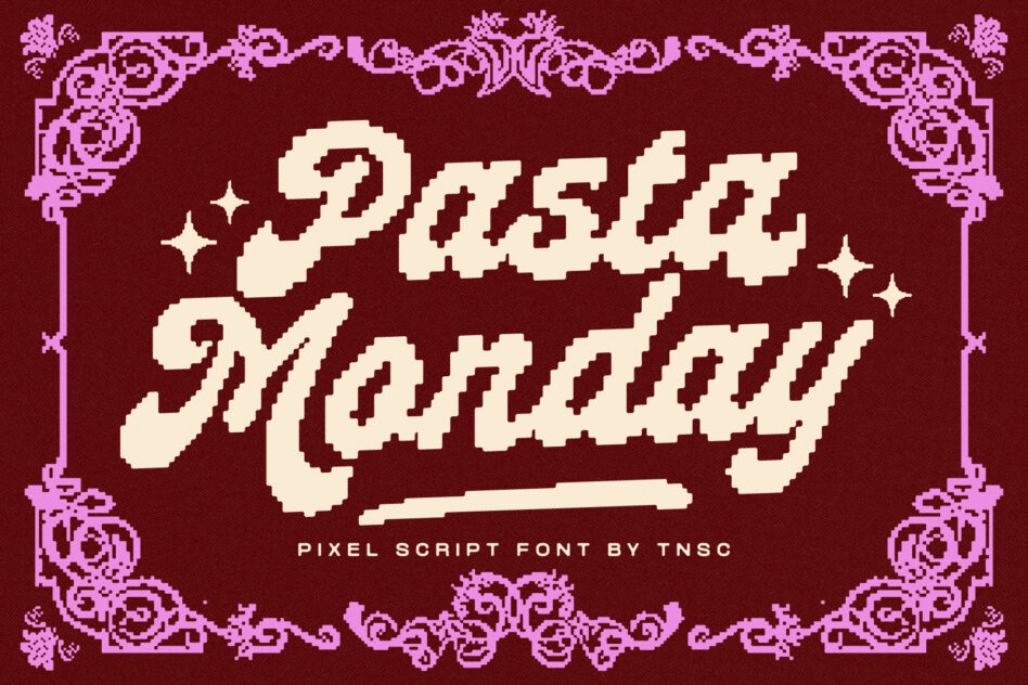 Retro pixel font with ornate purple borders on burgundy background