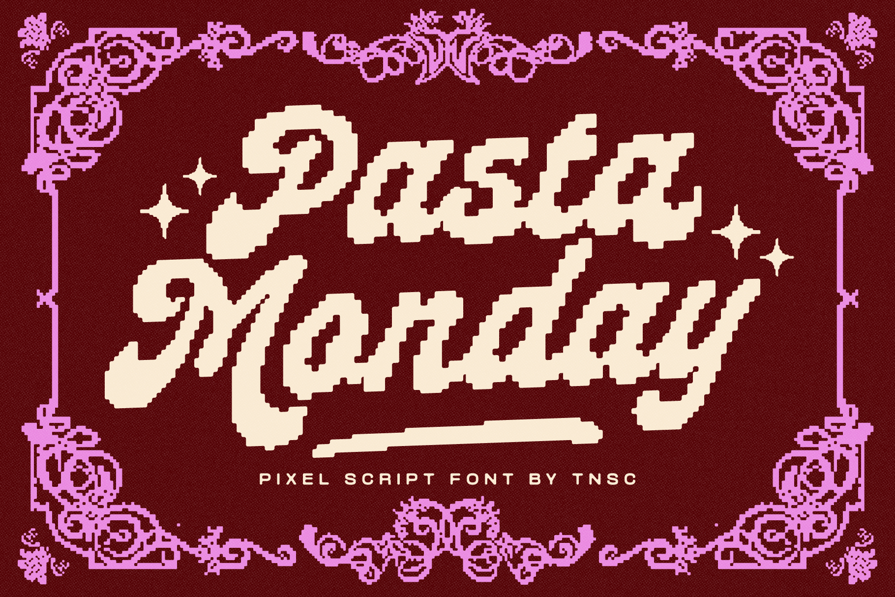 Retro pixel font with ornate purple borders on burgundy background