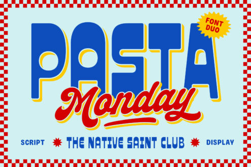 Checkered border with blue serif font Pasta Monday retro food label design