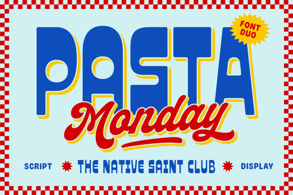 Checkered border with blue serif font Pasta Monday retro food label design