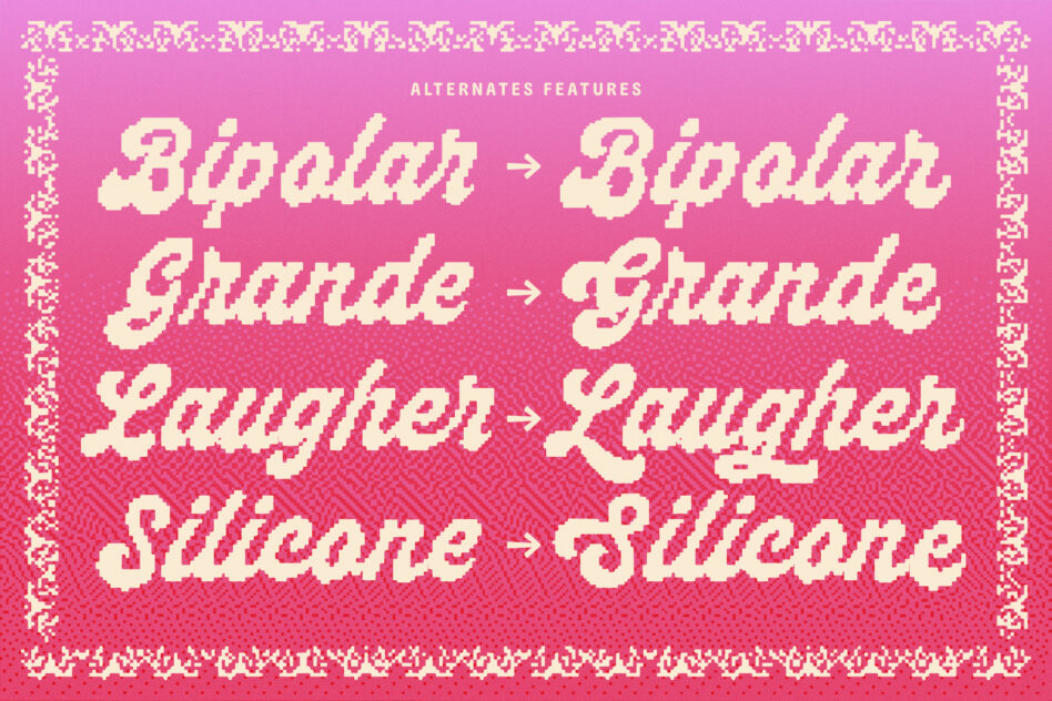 Pink font style guide showing alternate letter variations, arrows, comparisons