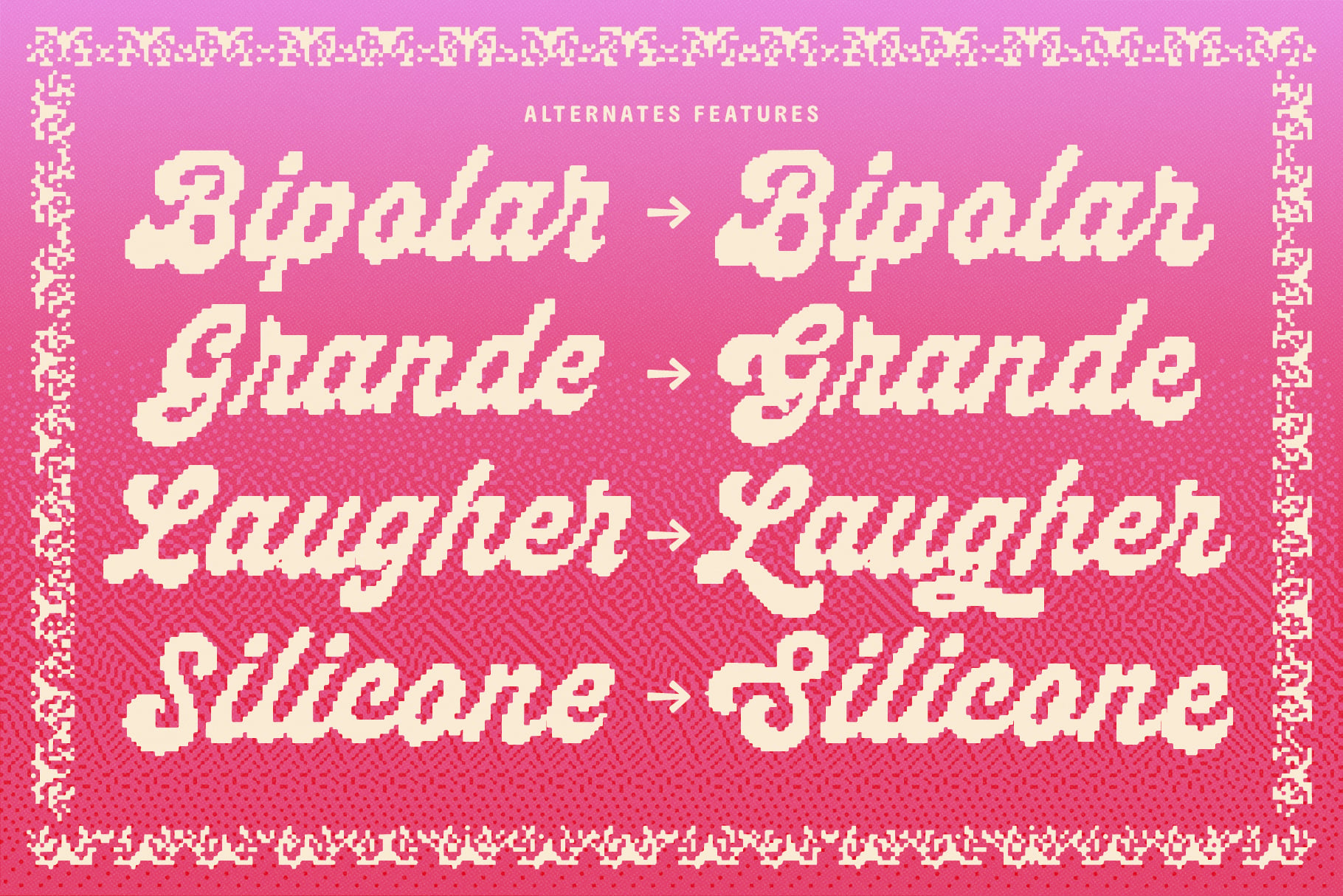 Pink font style guide showing alternate letter variations, arrows, comparisons