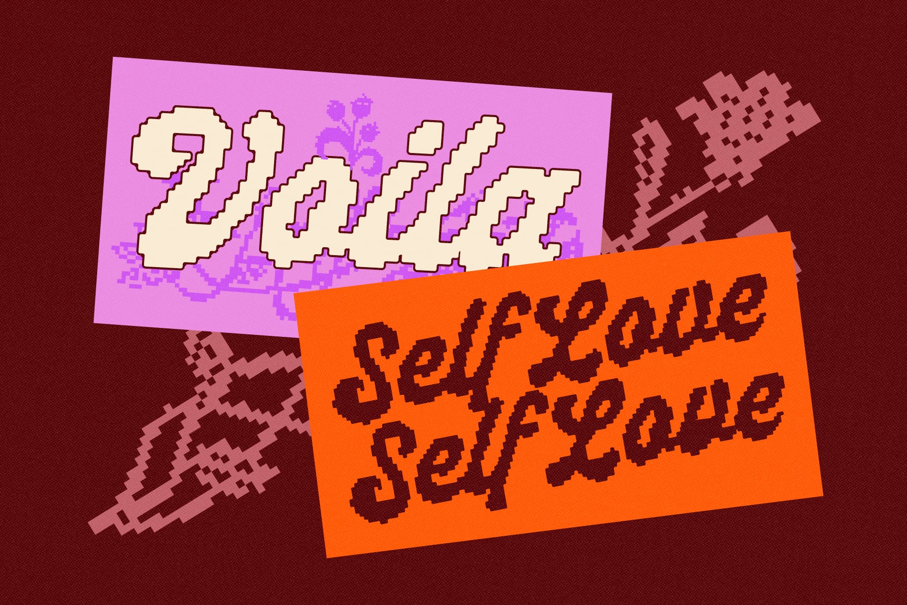 Two overlapping cards showing pixelated text Self People Self People