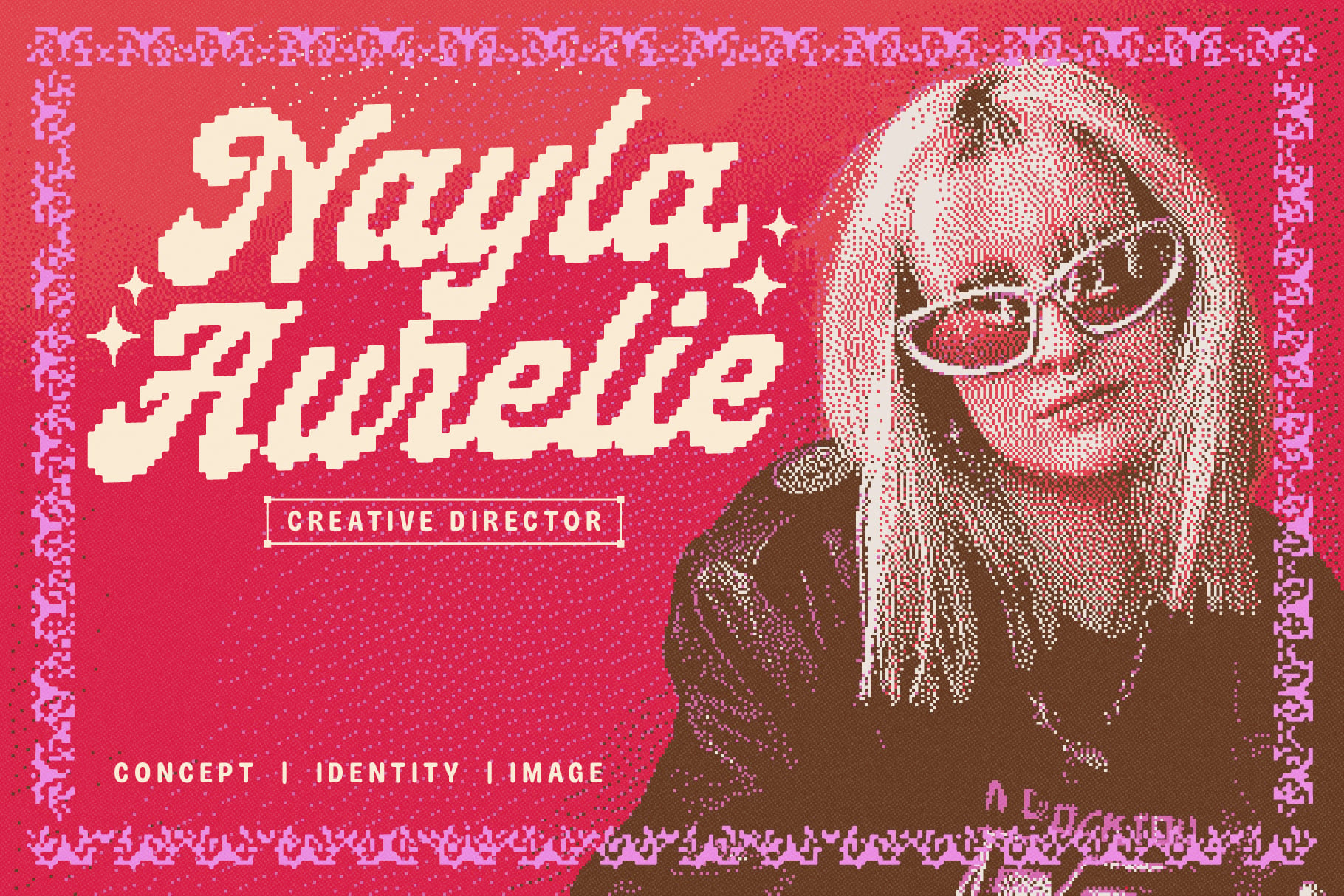 80s vaporwave poster with pixelated text, portrait, sparkling details