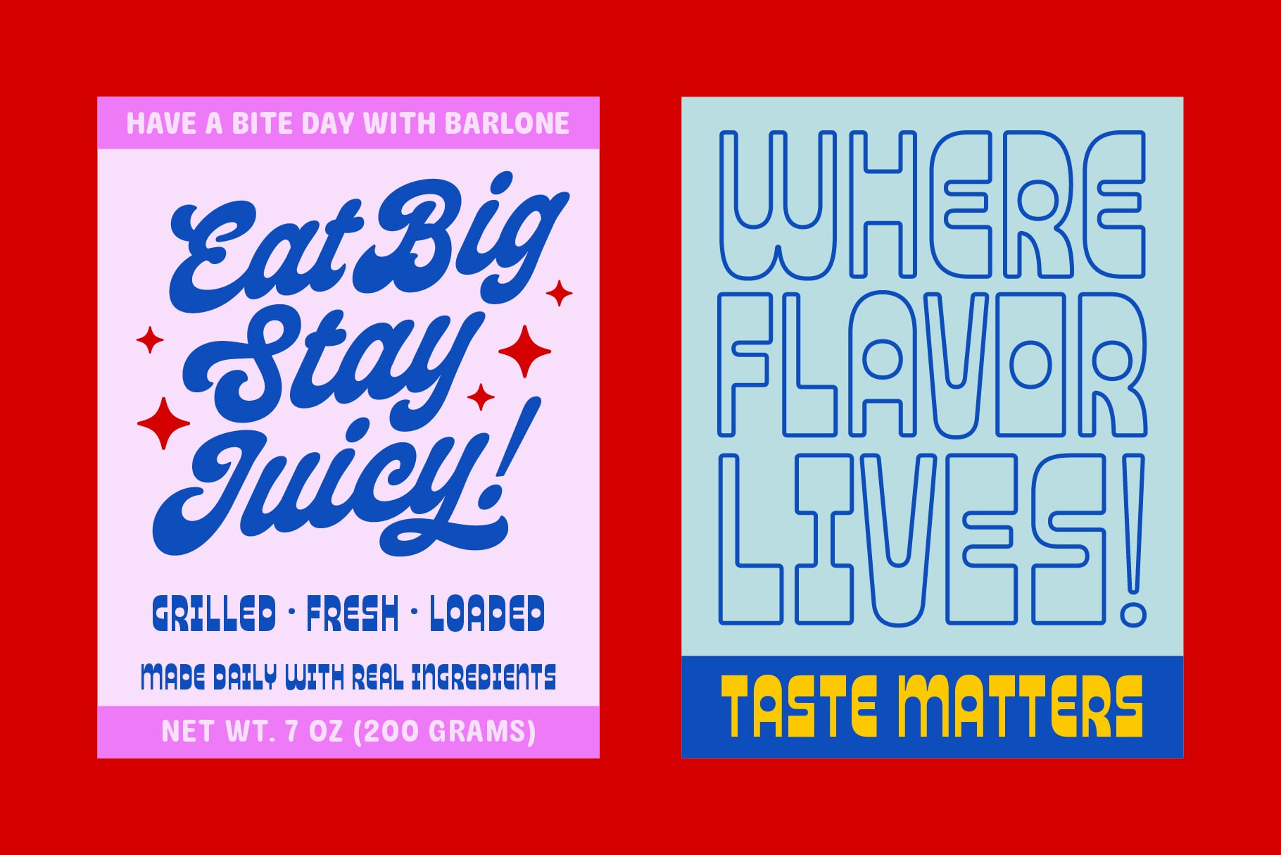 Two retro food package mockups with pink blue typography on red backdrop