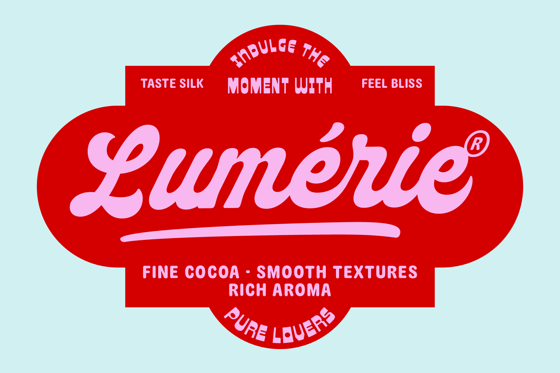 Red badge-shaped logo for Lumerie chocolate with pink script text on light blue