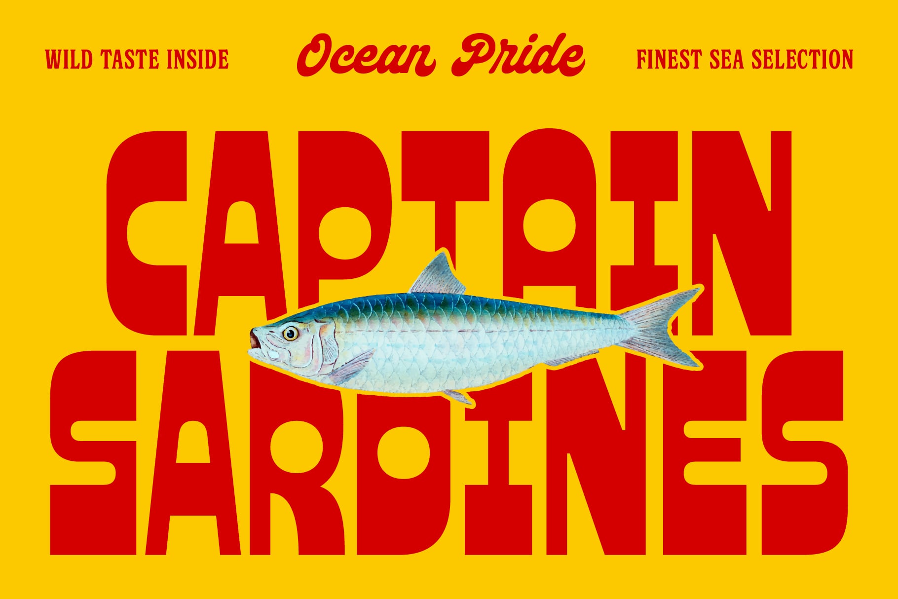 Bright yellow label with red bold text saying Captan Sardines, stylized fish illustration