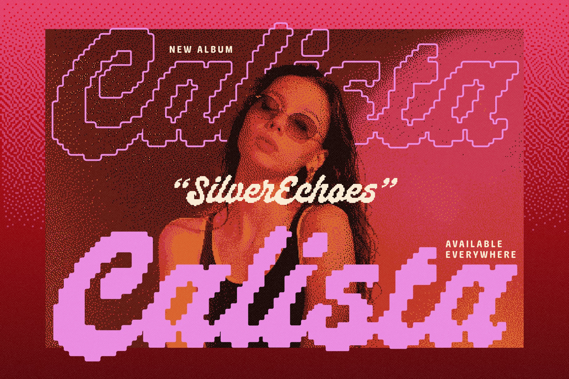 Album cover mockup with pixelated text, model portrait, neon outlines
