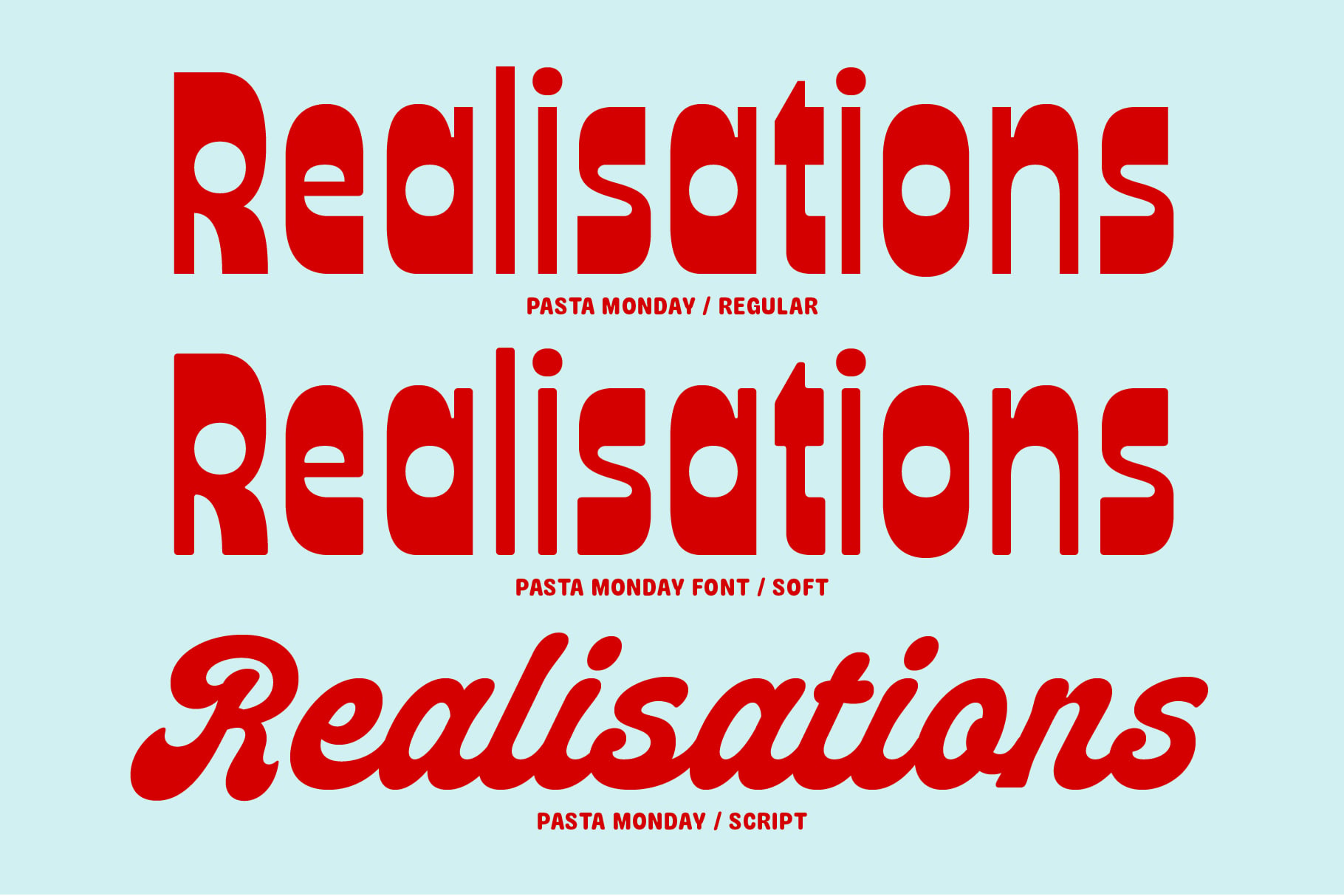Pasta Monday typeface showing three font styles in red letters on light blue background