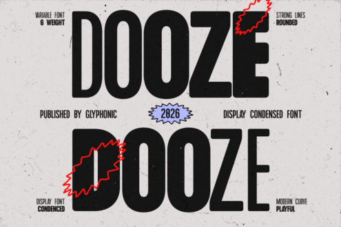 Dooze display font stacked showing condensed style with red lightning detail on texture