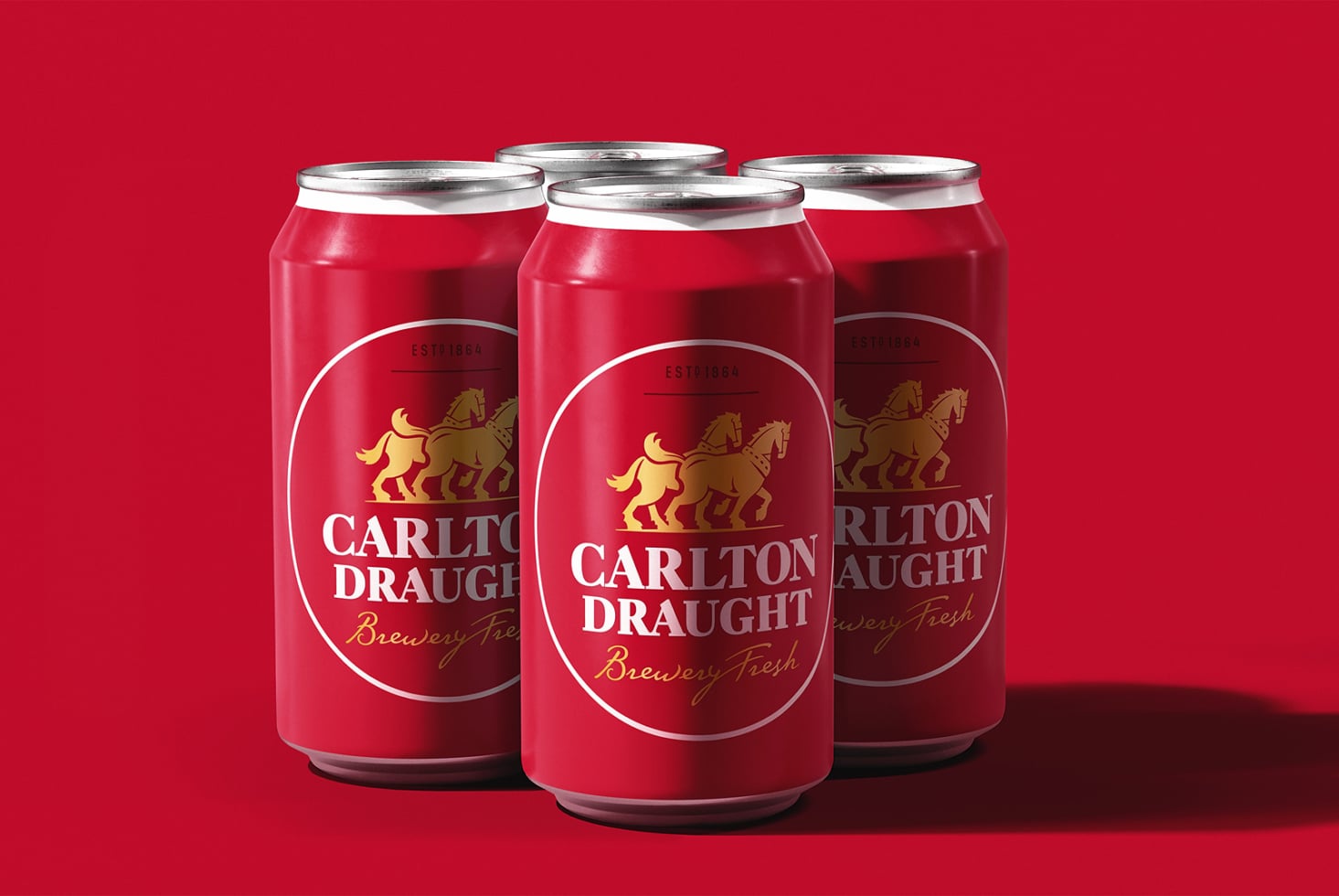 Three red beer cans with gold horse logo on bright red background