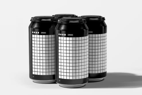 Black beer cans with grid pattern label mockup on white background