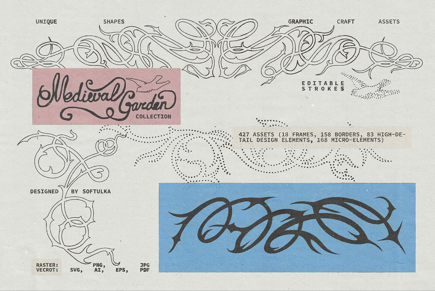 Medieval Garden Collection overview with ornate decorative elements editable strokes included