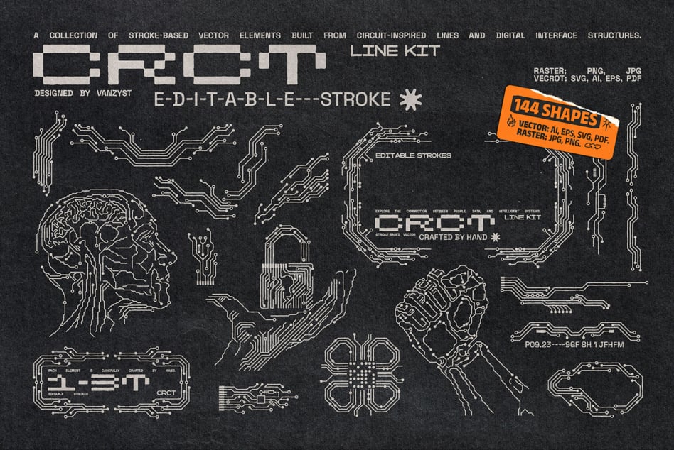 CRCT line kit with 144 circuit-inspired vector shapes, brain, globe elements