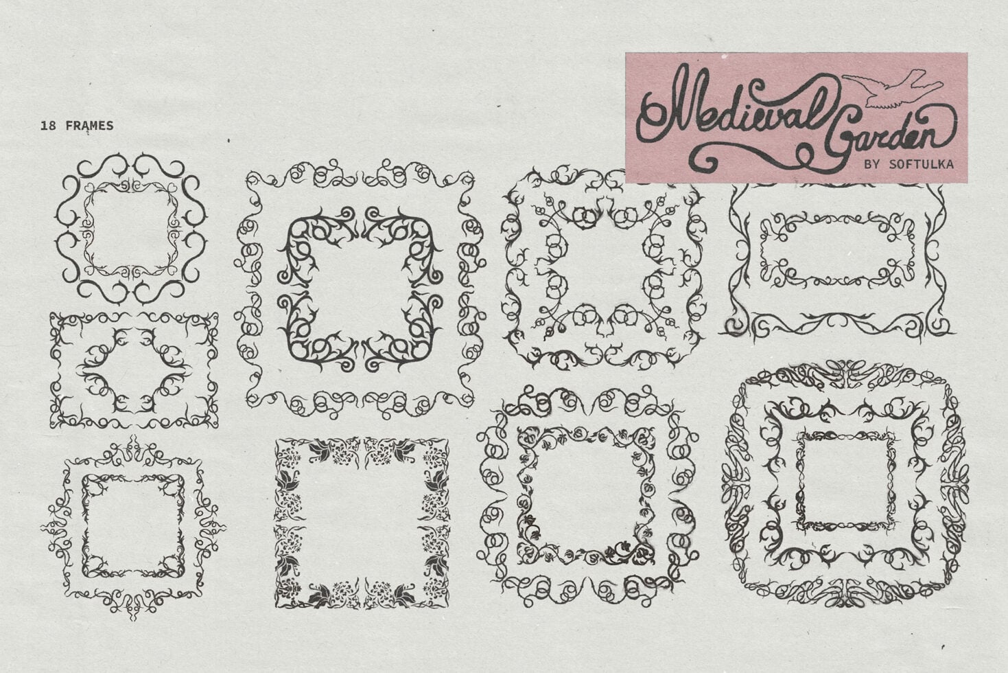18 decorative square frames with elaborate vine borders, swirling corners, flourished edges