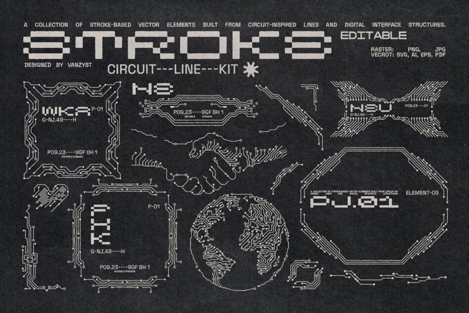 Stroke circuit line kit collection showing frames, hands, globe outlines