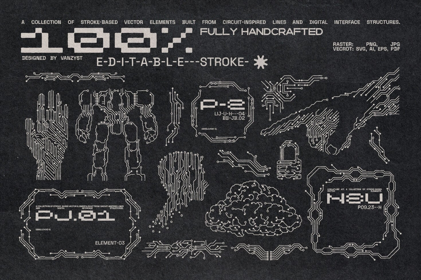 Hand-drawn circuit vector elements featuring technological icons on dark chalkboard background