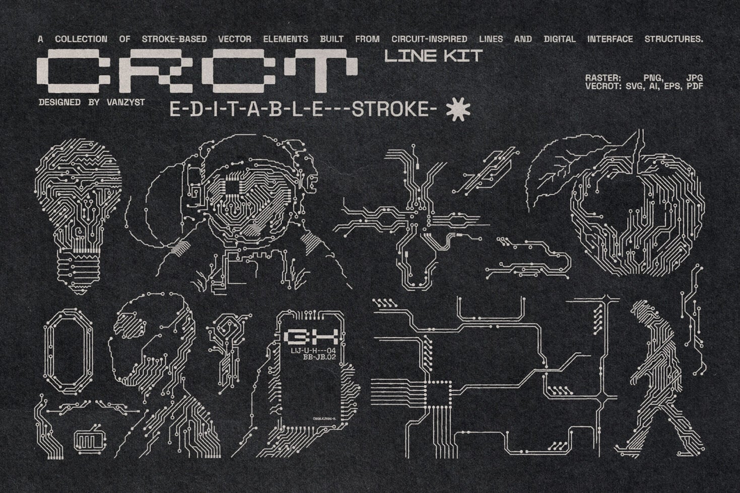 Tech-inspired line art collection showing circuit patterns forming silhouettes of heads