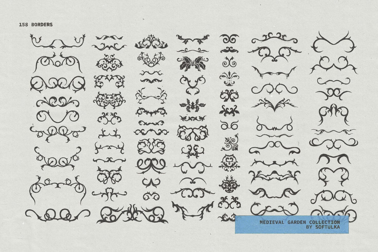 158 decorative border dividers, baroque scrollwork, curved flourishes, mirrored designs in black