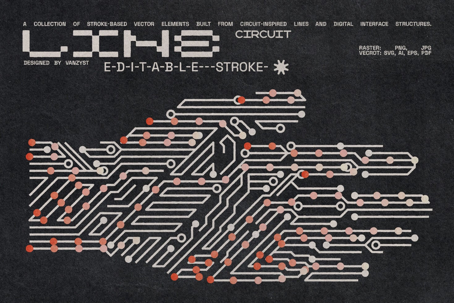 Circuit board vector design with geometric lines, nodes, red orange gradient elements