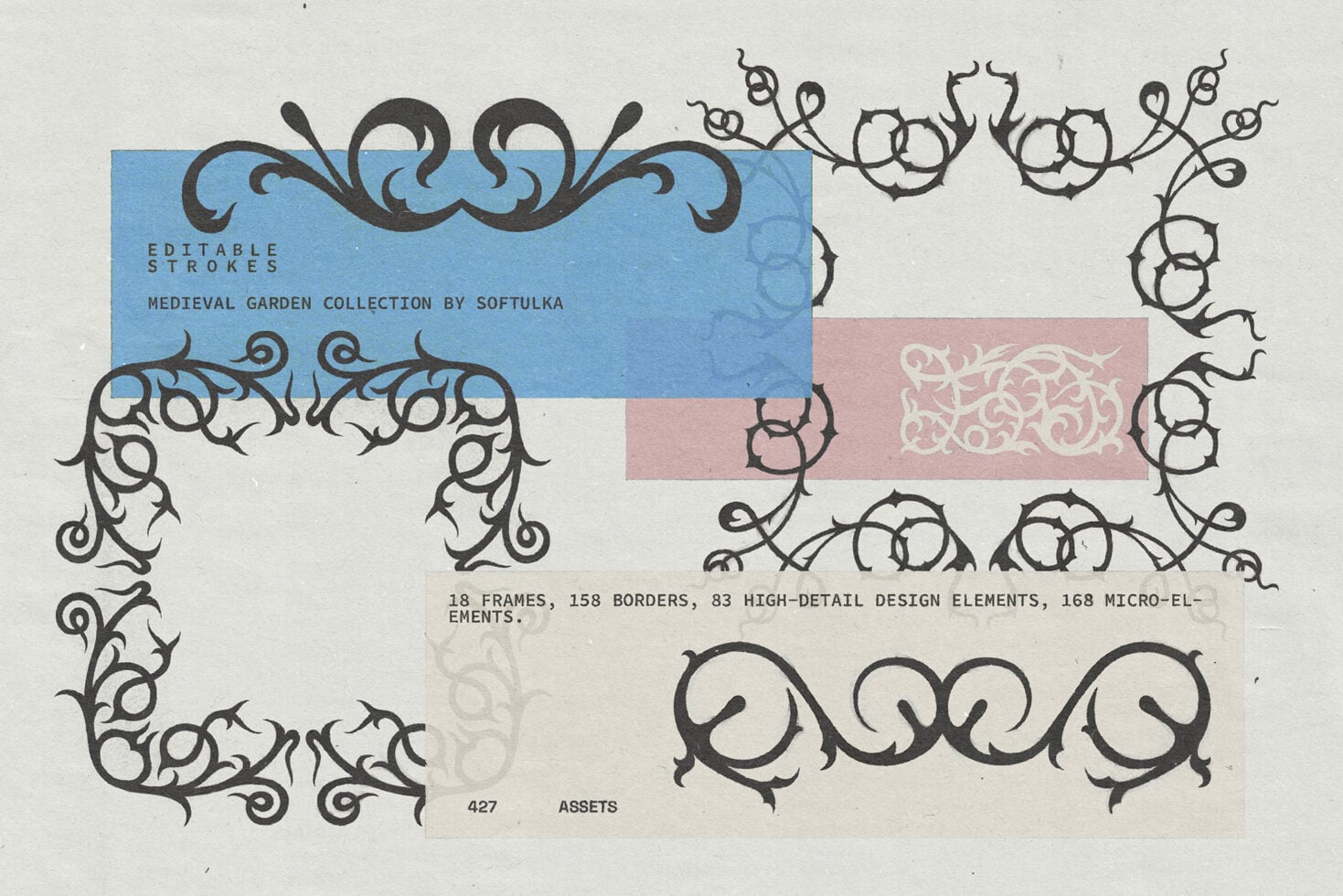 Ornamental corner frames, winding vine borders, scrollwork edges with editable stroke notation