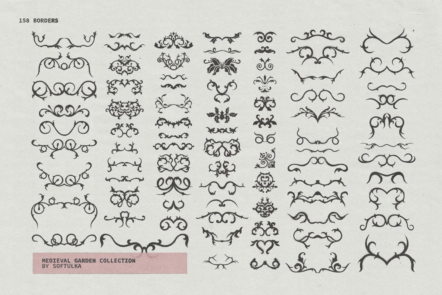 158 symmetrical ornamental border elements, scrolls, curves, floral motifs on vintage cream stock