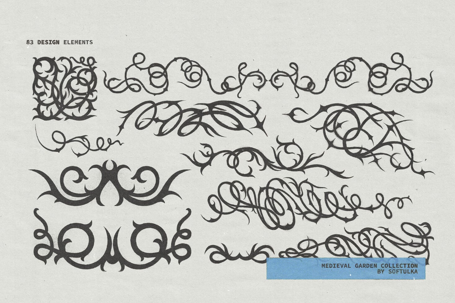 83 ornamental flourishes, twisted vines, scrollwork corners, interlocking organic shapes in ink