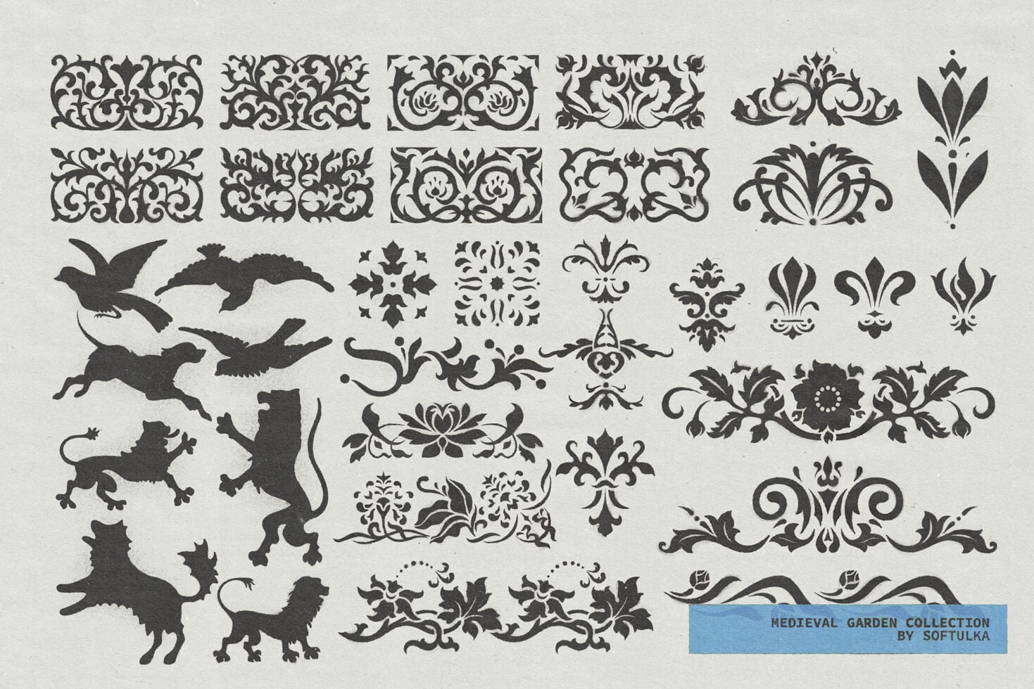 Ornate baroque frames, fleur de lis motifs, heraldic creatures, crests, damask patterns in black
